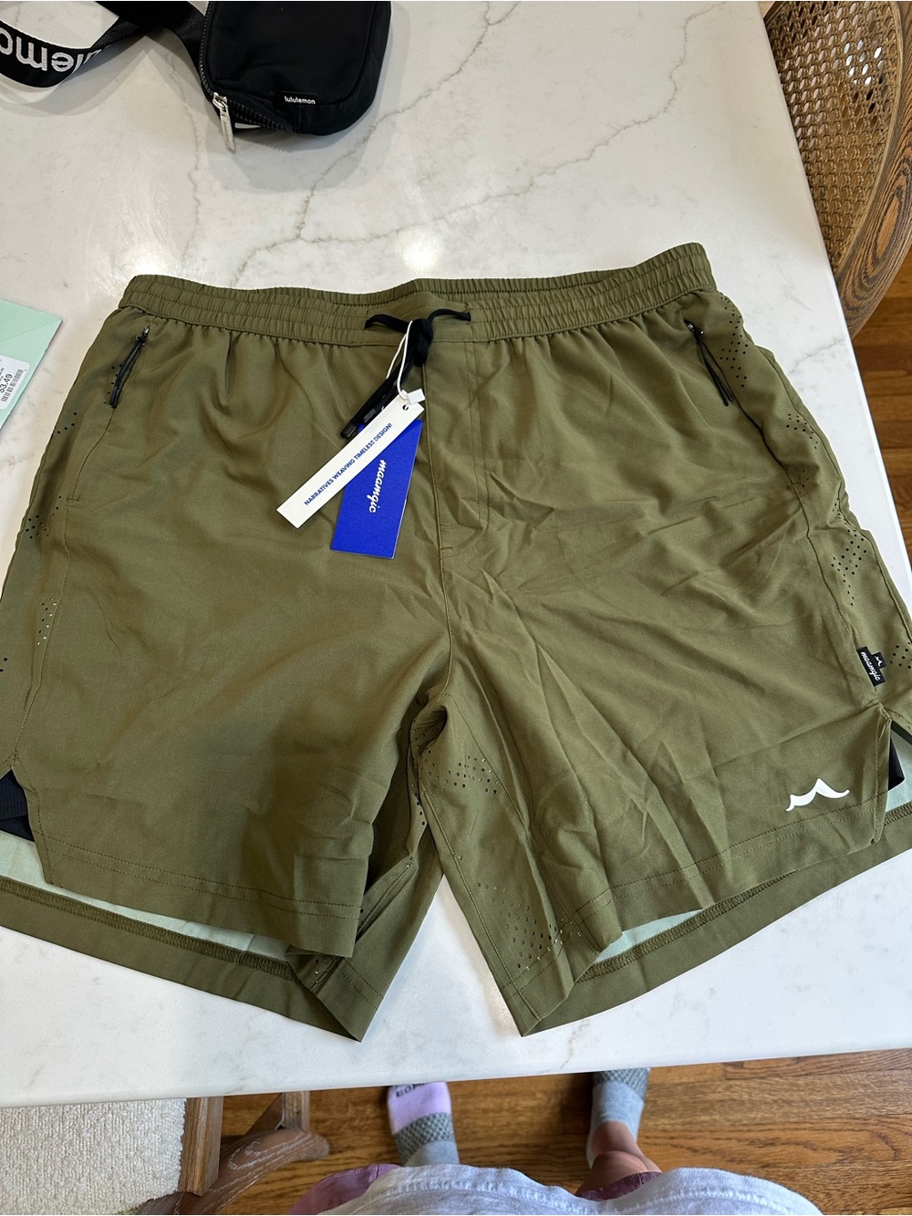 Men's Olive Athletic Shorts with Drawstring - Picture 2 of 5